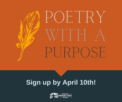 Orange box with words "Poetry with a purpose sign up by April 10!" and a yellow feather on the left side