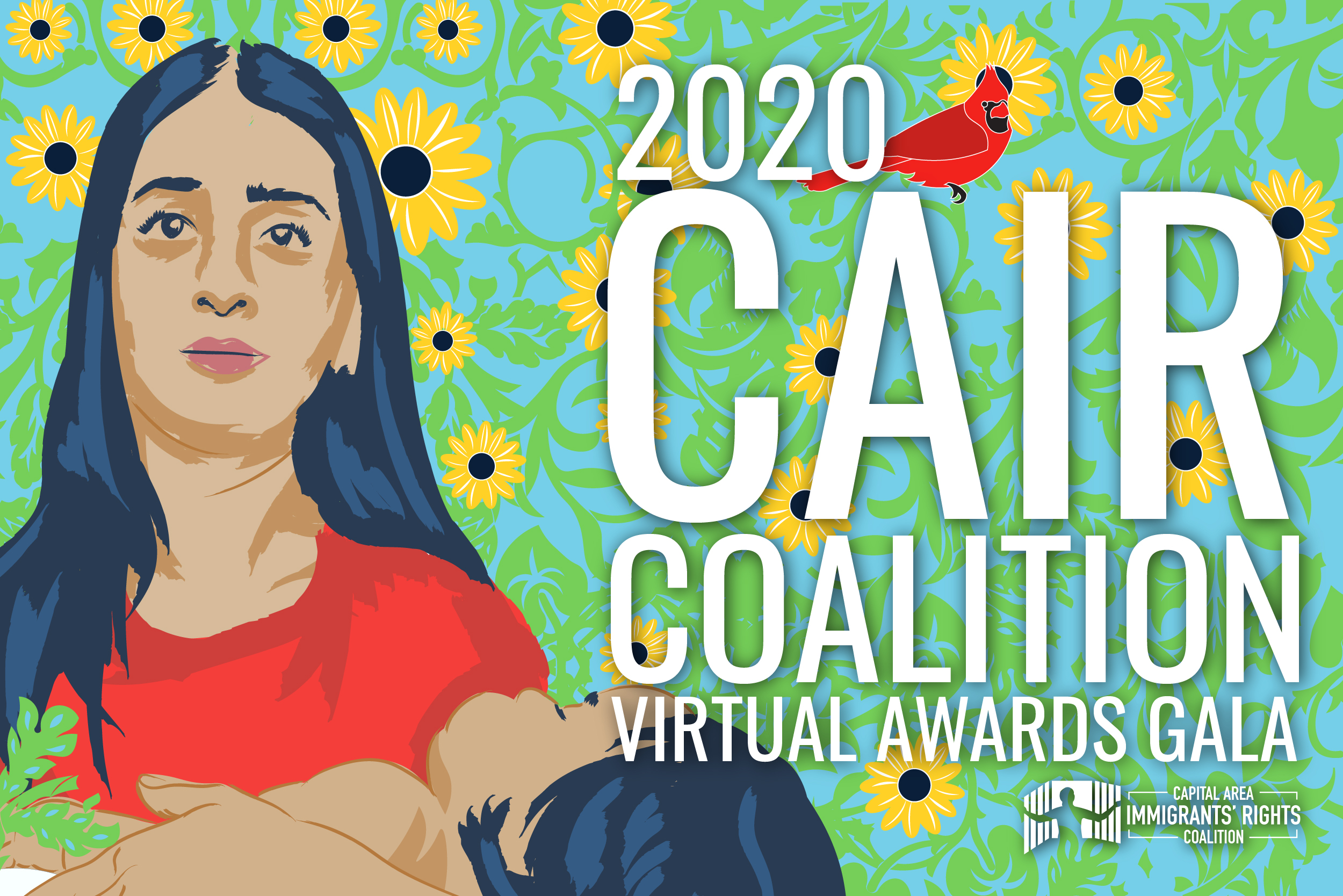 Image of a mom with dark hair holding a small child with a blue and green floral background. The text says CAIR Coalition Virtual Awards Gala.