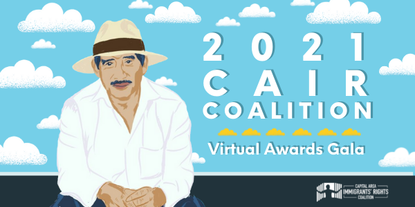 A man sitting and behind him is a blue sky and clouds. The words "CAIR Coaltion Virtual Awards Gala" is on the right side in yellow.